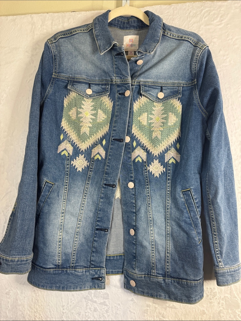 LuLaRoe Jaxon Jean Denim Jacket with Mint Aztec Embroidery Medium